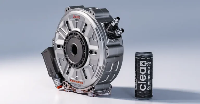 A product shot features a Koenigsegg Quark electric motor next to a can of Clean Koenigsegg energy drink, set against a gradient gray background.