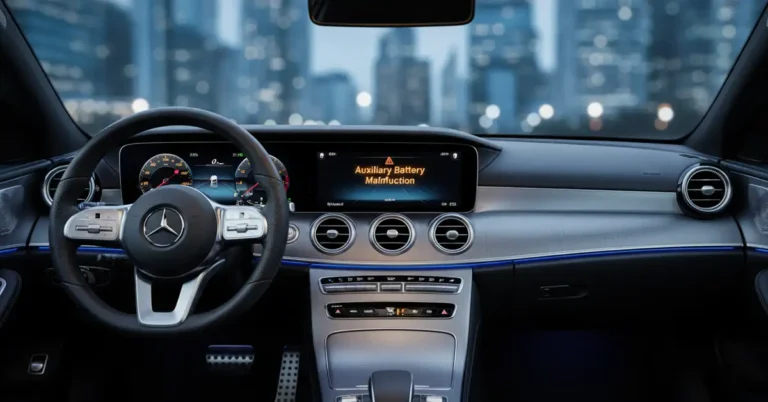 Interior of a Mercedes-Benz car, focusing on the dashboard and steering wheel, the dashboard is predominantly gray with silver accents, featuring a central display screen showing an "Auxiliary Battery Malfunction" message,
