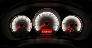 Close-up shot of a car dashboard featuring three circular gauges against a dark background. The central gauge is a speedometer, displaying speed in kilometers per hour, with a red needle pointing towards a reading. Below the speedometer, a digital display shows the number 9999999 in red numerals.