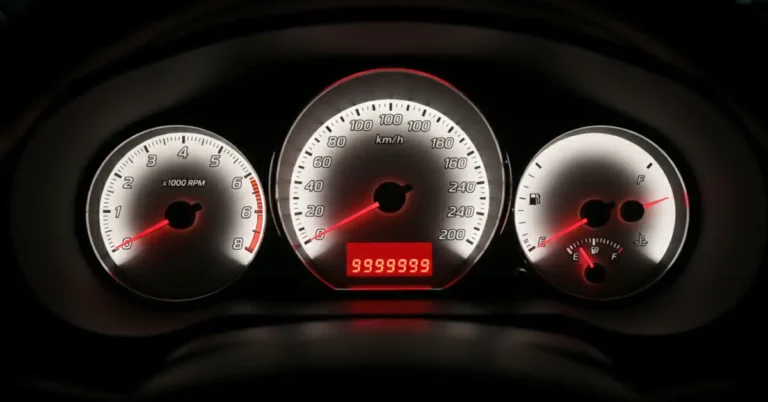 Close-up shot of a car dashboard featuring three circular gauges against a dark background. The central gauge is a speedometer, displaying speed in kilometers per hour, with a red needle pointing towards a reading. Below the speedometer, a digital display shows the number 9999999 in red numerals.