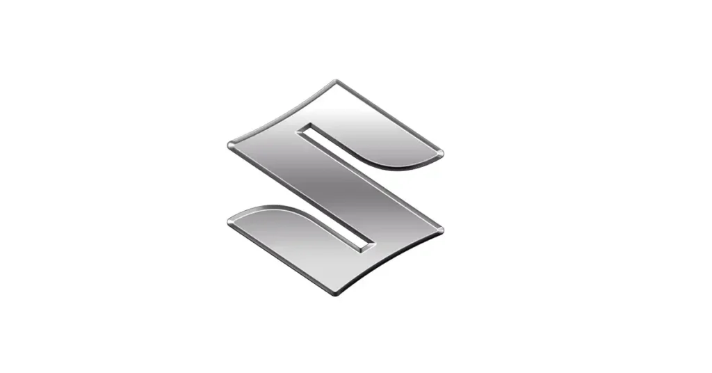 A digital rendering of the Suzuki logo, presented in a metallic silver finish against a stark white background.