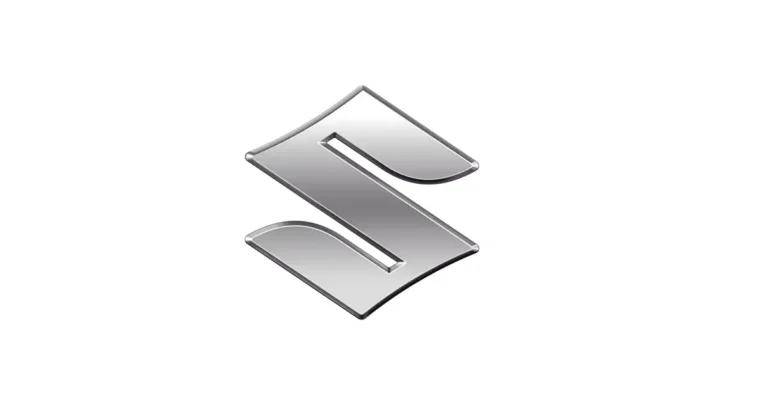 A digital rendering of the Suzuki logo, presented in a metallic silver finish against a stark white background.