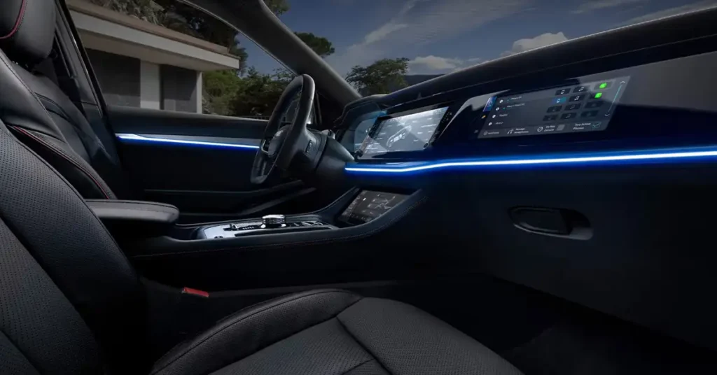 Interior of a 2025 Jeep Wagoneer S  with black leather seats and blue neon lights, dashboard with digital screens, modern design, luxury vehicle, ambient lighting, sleek interior, high-tech features, comfortable seating, elegant details, panoramic view, futuristic elements, sophisticated atmosphere, automotive photography, professional lighting, clean lines, stylish interior, premium materials, advanced technology, innovative design.