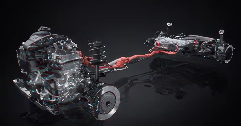A 3D render of2025 Lexus RX engine and drivetrain components is displayed against a dark, reflective background. The engine, on the left, is intricately detailed with metallic silver and gray parts, appearing almost crystalline or glass-like in its construction.