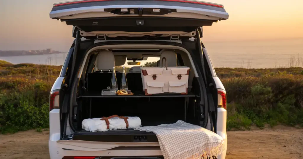A rear view of an open 2025 Lincoln Navigator SUV trunk is shown, with a picnic setup inside. The SUV is white and parked on a dirt road overlooking a body of water and a distant coastline.