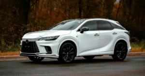 A white Lexus RX 500h F Sport Performance SUV is parked on a wet asphalt road, with a backdrop of trees showing fall colors. The car features a black roof, black rims, and tinted windows. The lighting is soft, highlighting the car's sleek design and the contrast between its white body and black accents.