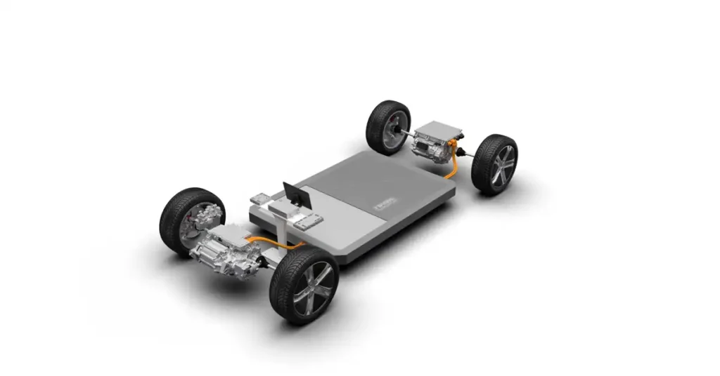 A 3D render of an electric vehicle chassis is shown against a white background. The chassis is composed of a large, flat, gray battery pack in the center, with four wheels attached to the corners.