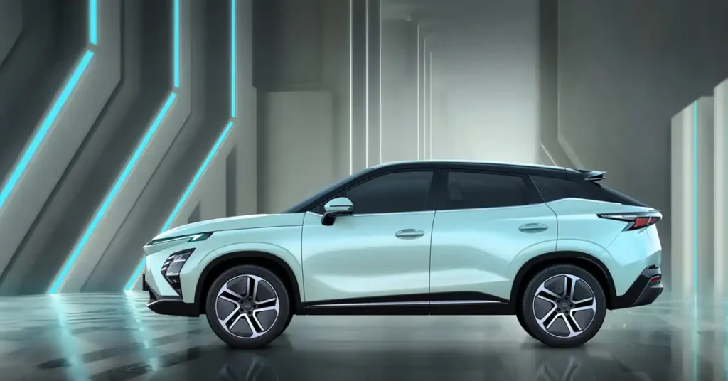 A light blue2025 Chery OMODA E5 electric SUV is parked on a dark, reflective surface. The car is angled towards the viewer, with its front left wheel prominently displayed.