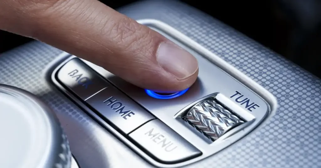 A close-up shot shows a person's thumb pressing a glowing blue button on a car's center console. The button is labeled "HOME" and is part of a panel with other buttons including "BACK," "MENU," and a textured dial labeled "TUNE." The console has a metallic finish with a subtle circular pattern.