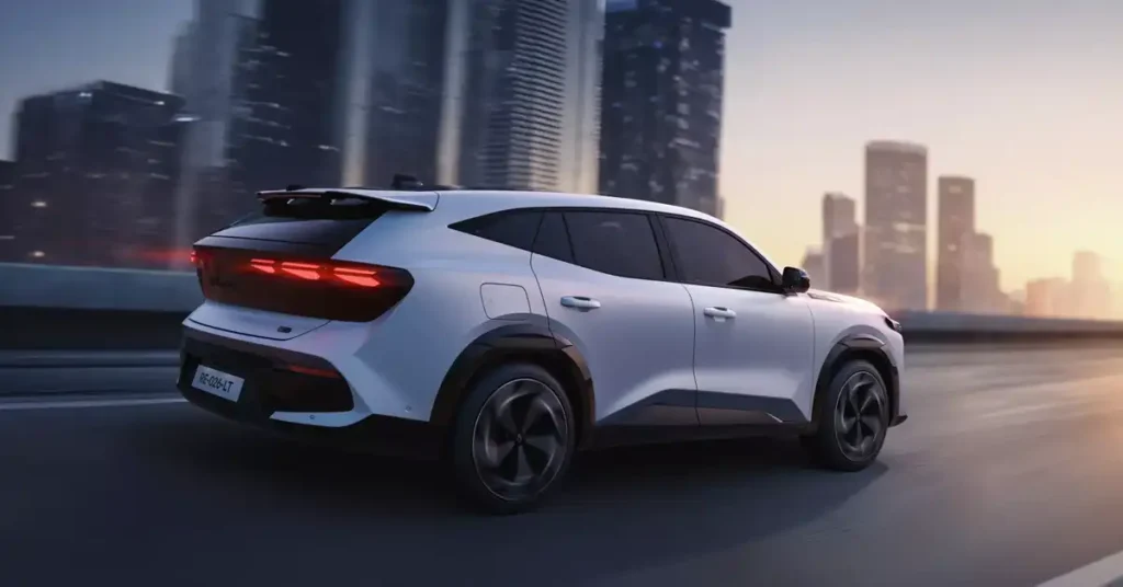 A RENAULT FILANTE ESPRIT ALPINE VSUV is captured in a dynamic, rear-three-quarter view, driving on a road with a blurred cityscape in the background. The car's taillights are illuminated, and the wheels show motion blur, suggesting speed.