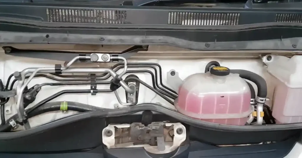 A close-up, eye-level shot shows the Toyota HiAce engine bay of a vehicle, focusing on the coolant reservoir and various hoses and tubes. The coolant reservoir, a translucent plastic tank filled with pink liquid, is prominently positioned on the right side of the frame