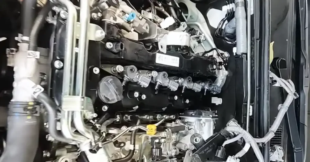 A close-up, high-angle shot shows the intricate details of a Toyota HiAce engine. The engine is primarily silver and gray, with various metal pipes, wires, and components visible. Several orange and white connectors are scattered across the top of the engine