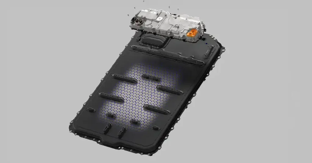 A detailed, high-angle, 3D render shows a A BMW M 3 electric vehicle battery pack against a plain gray background