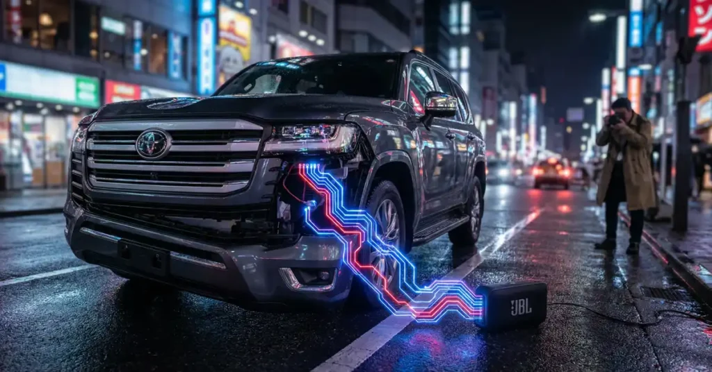 A dark gray Toyota Land Cruiser is parked on a wet city street at night. The front of the car is partially disassembled, revealing glowing red and blue circuit-like lines emanating from it and connecting to a black JBL speaker on the ground.