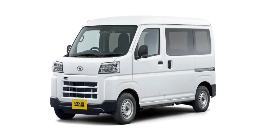 A white Toyota Pixis Van is shown from a three-quarter front view, isolated on a white background. The van has a tall, boxy design with a prominent grille, clear headlights, and a yellow "PIXIS VAN" badge on the front bumper.
