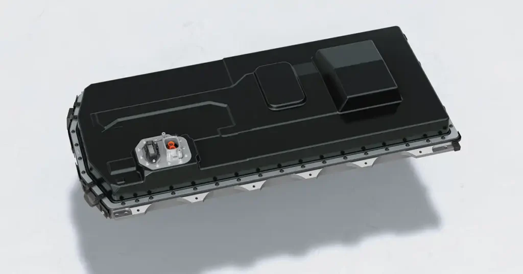 A sleek, black, rectangular battery pack of a Toyota Pixis Van is shown from a slightly elevated, three-quarter perspective against a plain white background.