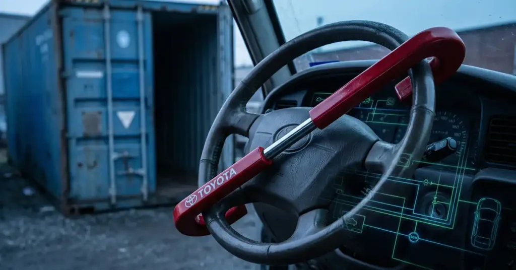 A close-up shot from inside a vehicle shows a red steering wheel lock with the Toyota logo on it, secured around the steering wheel. The dashboard is visible, with a digital schematic overlay of car systems. In the background, out of focus, is a large, open blue shipping container.